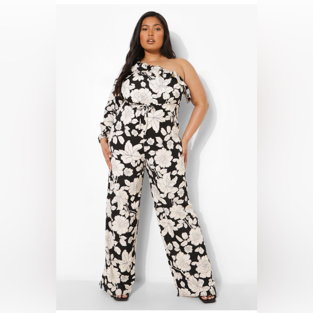 PLUS FLORAL BLACK AND CREAM ONE SHOULDER WIDE LEG JUMPSUIT
